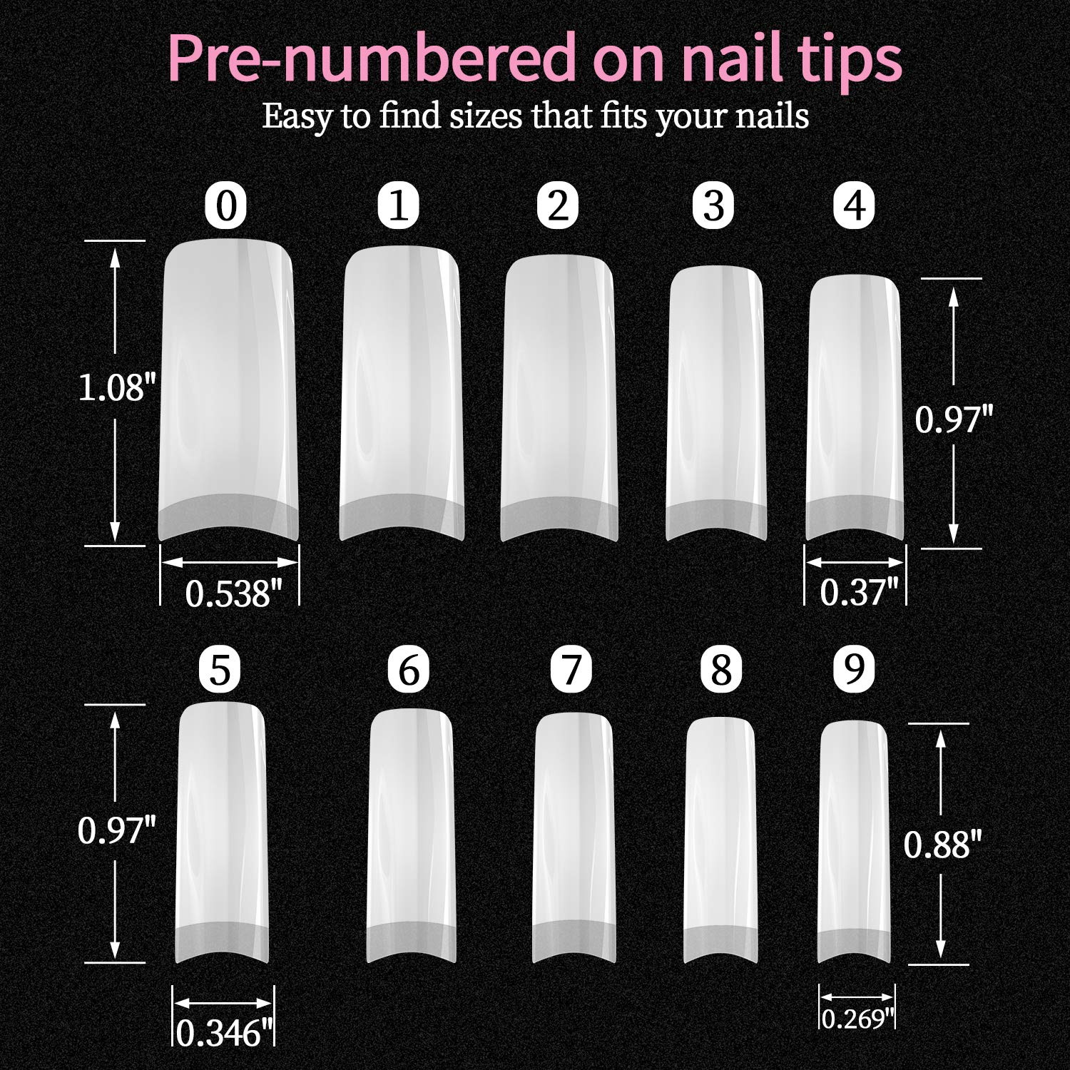 Dockapa nail tips in 10 sizes with 50 per size for perfect fit