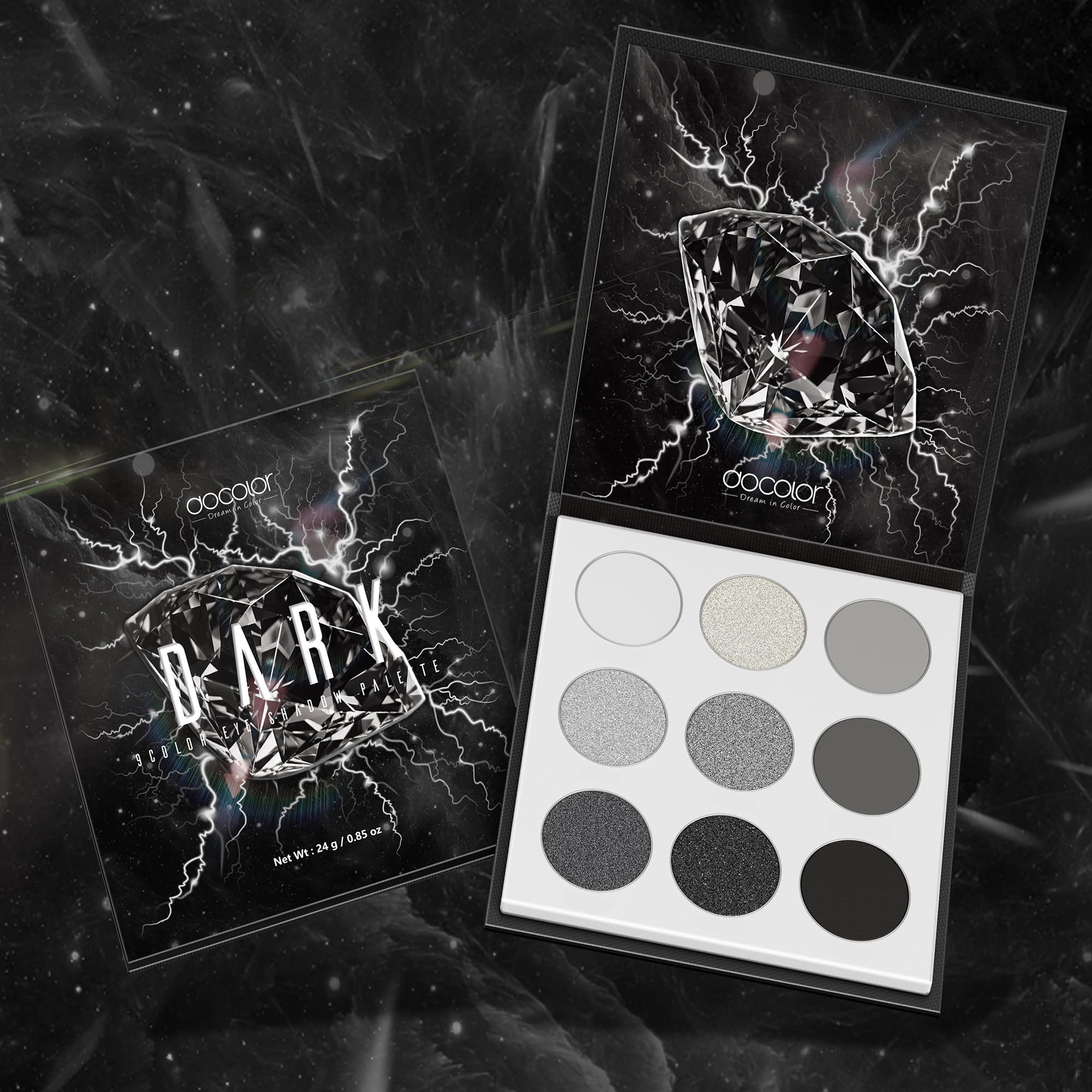 Docolor swatch grid shows mattes and shimmers for versatile smoky eye options.