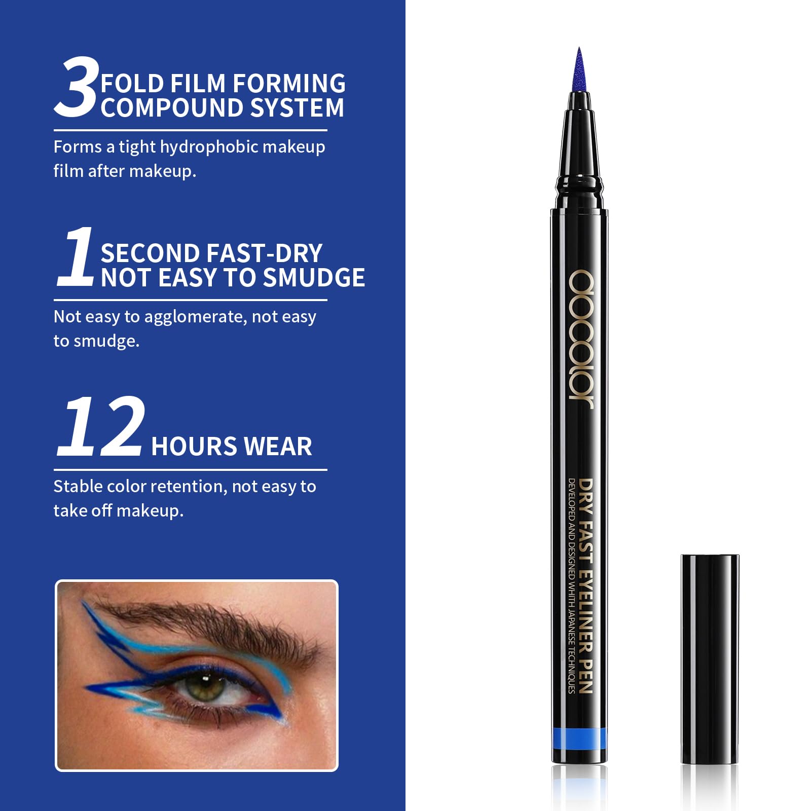 docolor smudge-proof blue eyeliner keeps lash lines crisp.
