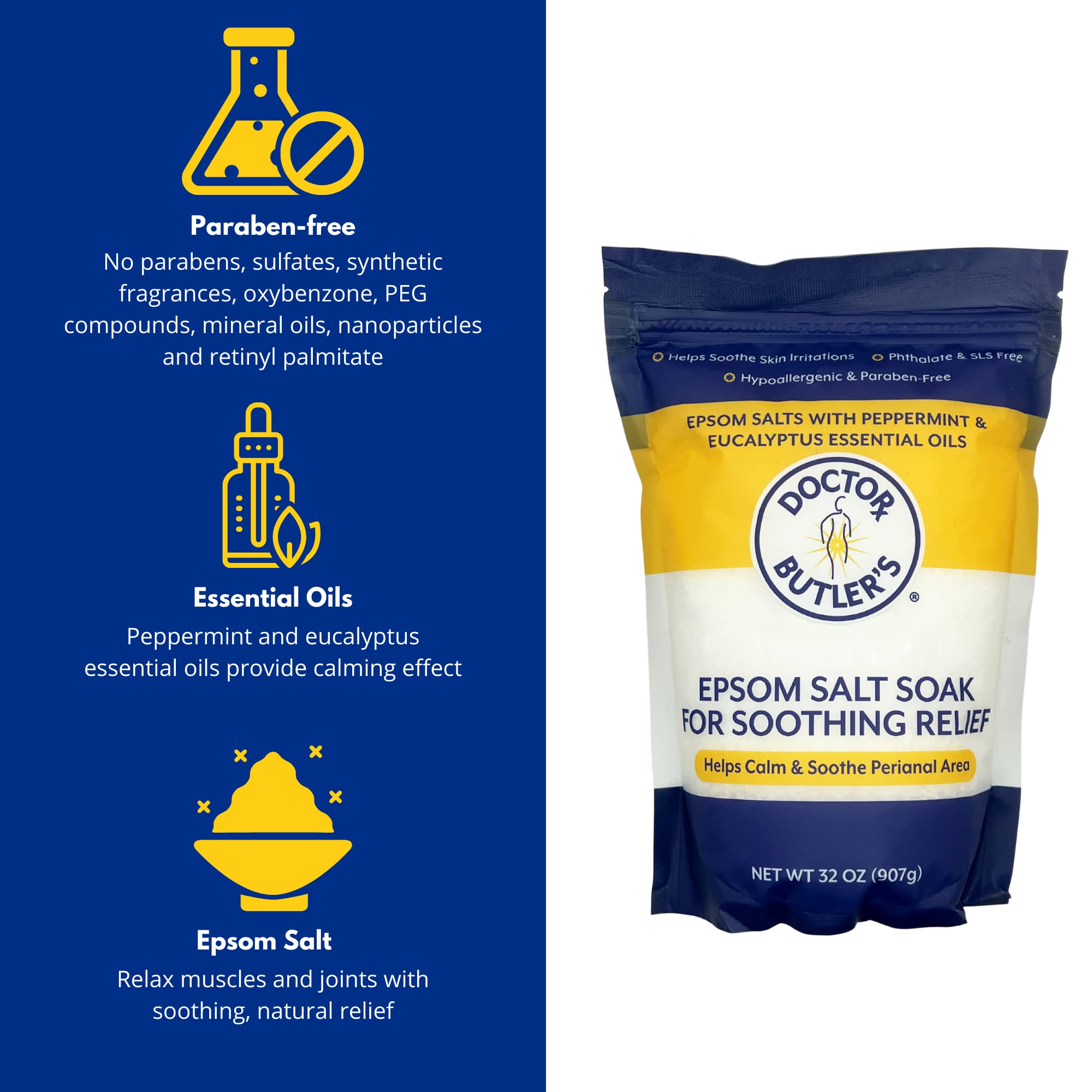 Doctor Butler's epsom salt soak dissolving in warm bathwater for comfort.