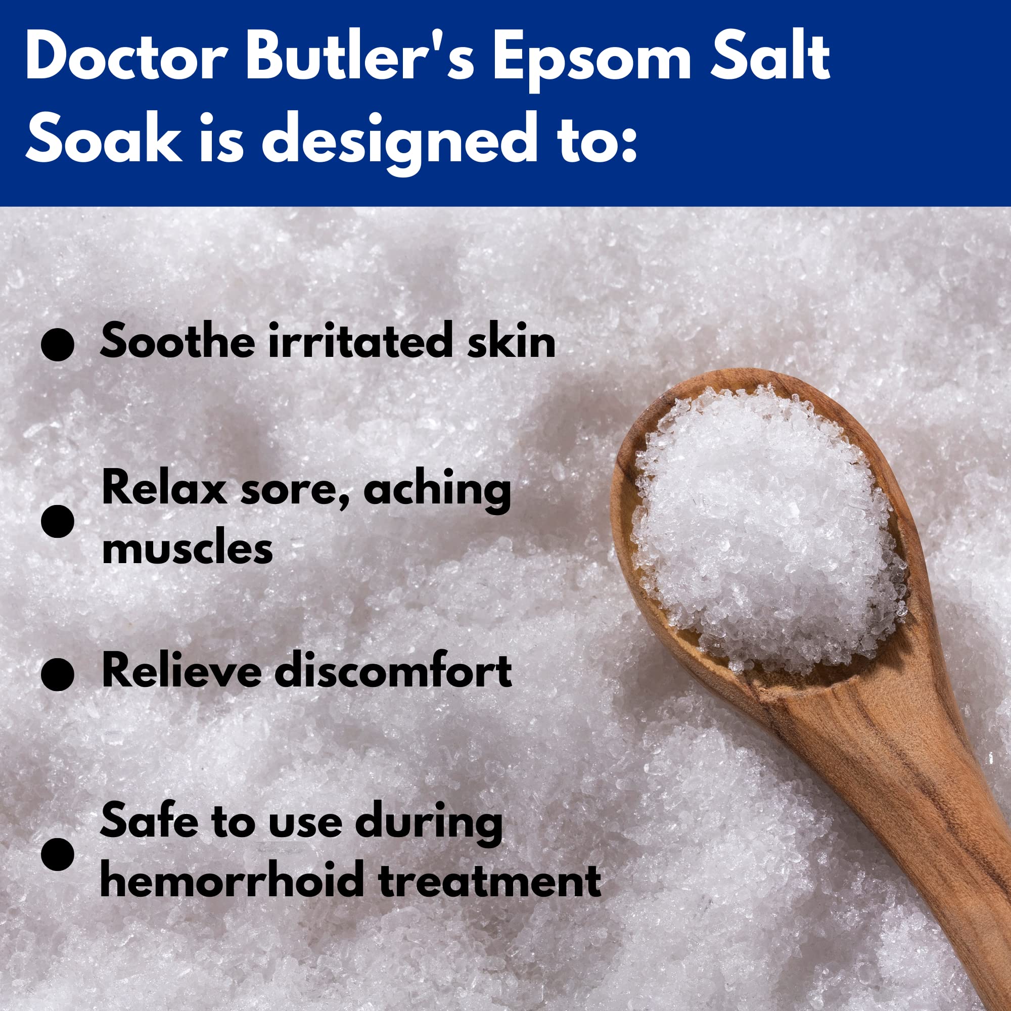 Packaging for Doctor Butler's epsom salt soak highlighting vegan, natural ingredients.