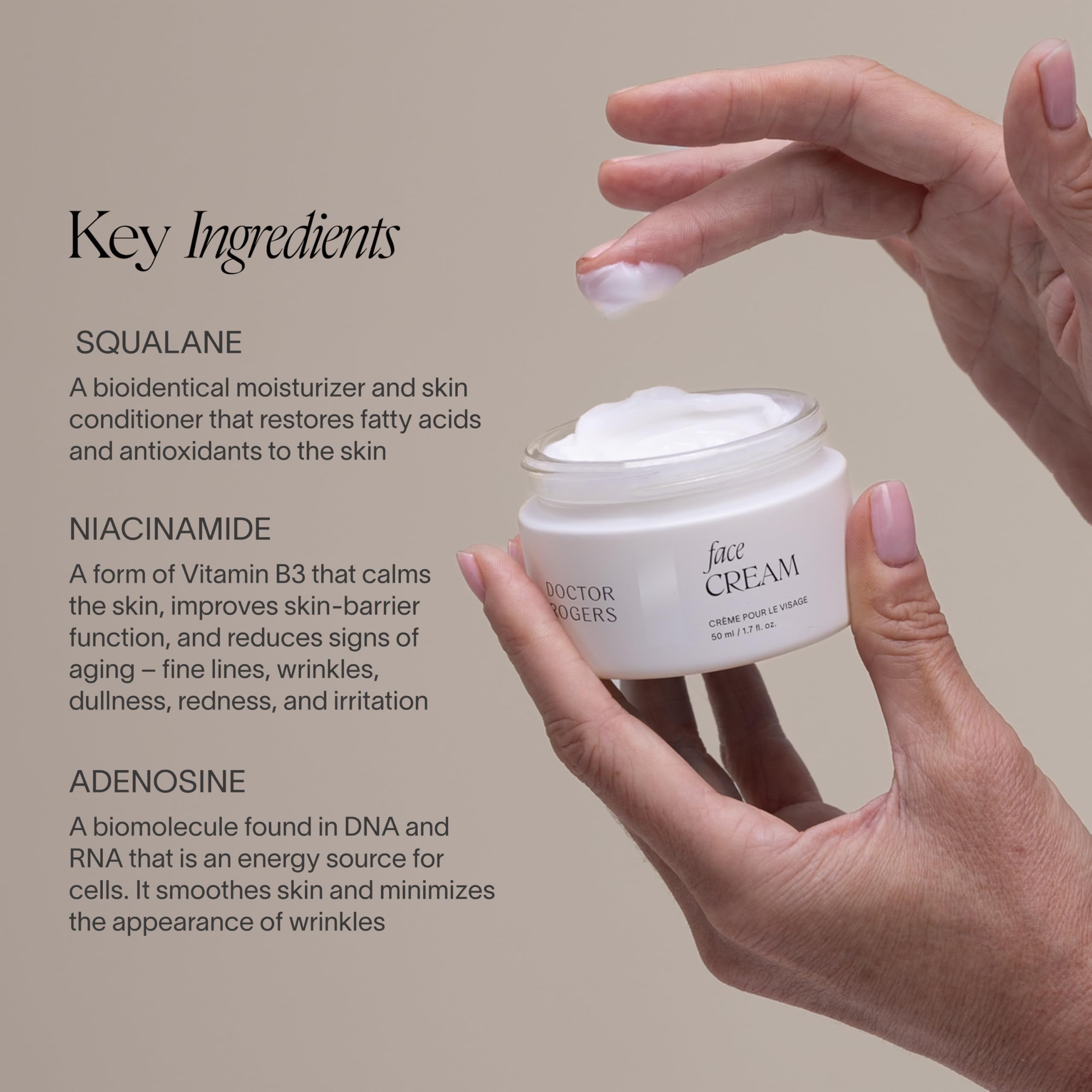 Doctor Rogers Face Cream swatch on skin reveals a silky, smooth finish.