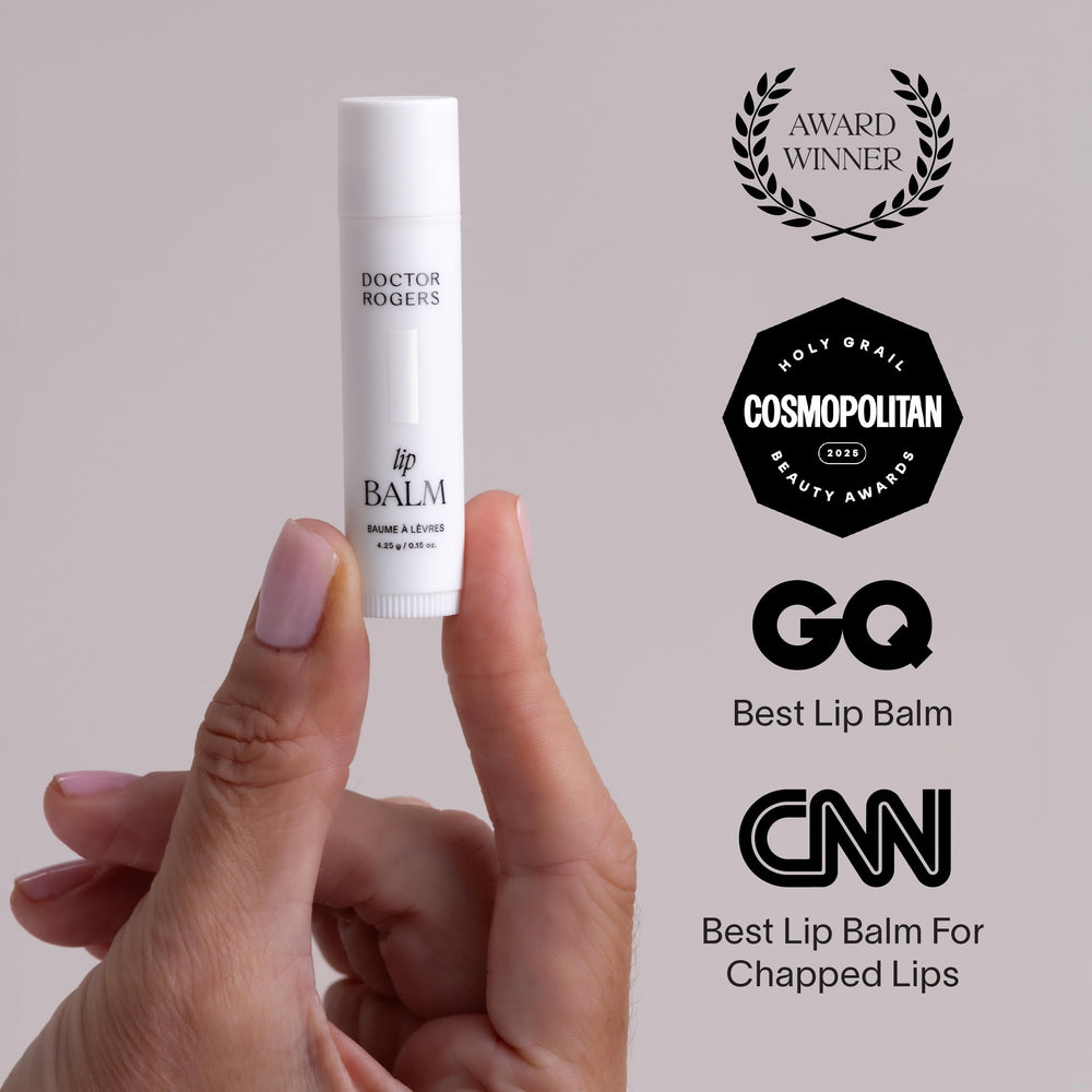 Doctor Rogers Lip Balm packaging emphasizes vegan, cruelty-free formulation.