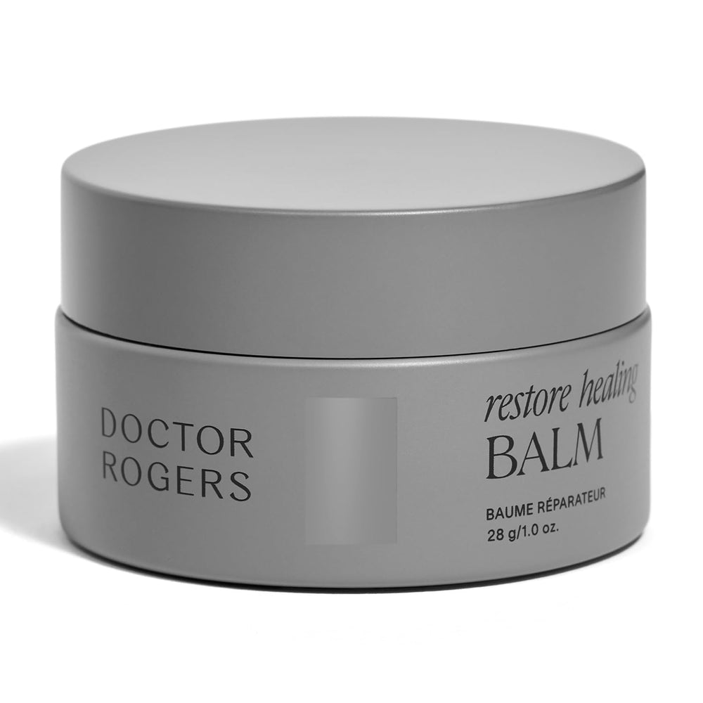 Doctor Rogers Restore Healing Balm jar closeup, soothing sensitive skin post-procedure care