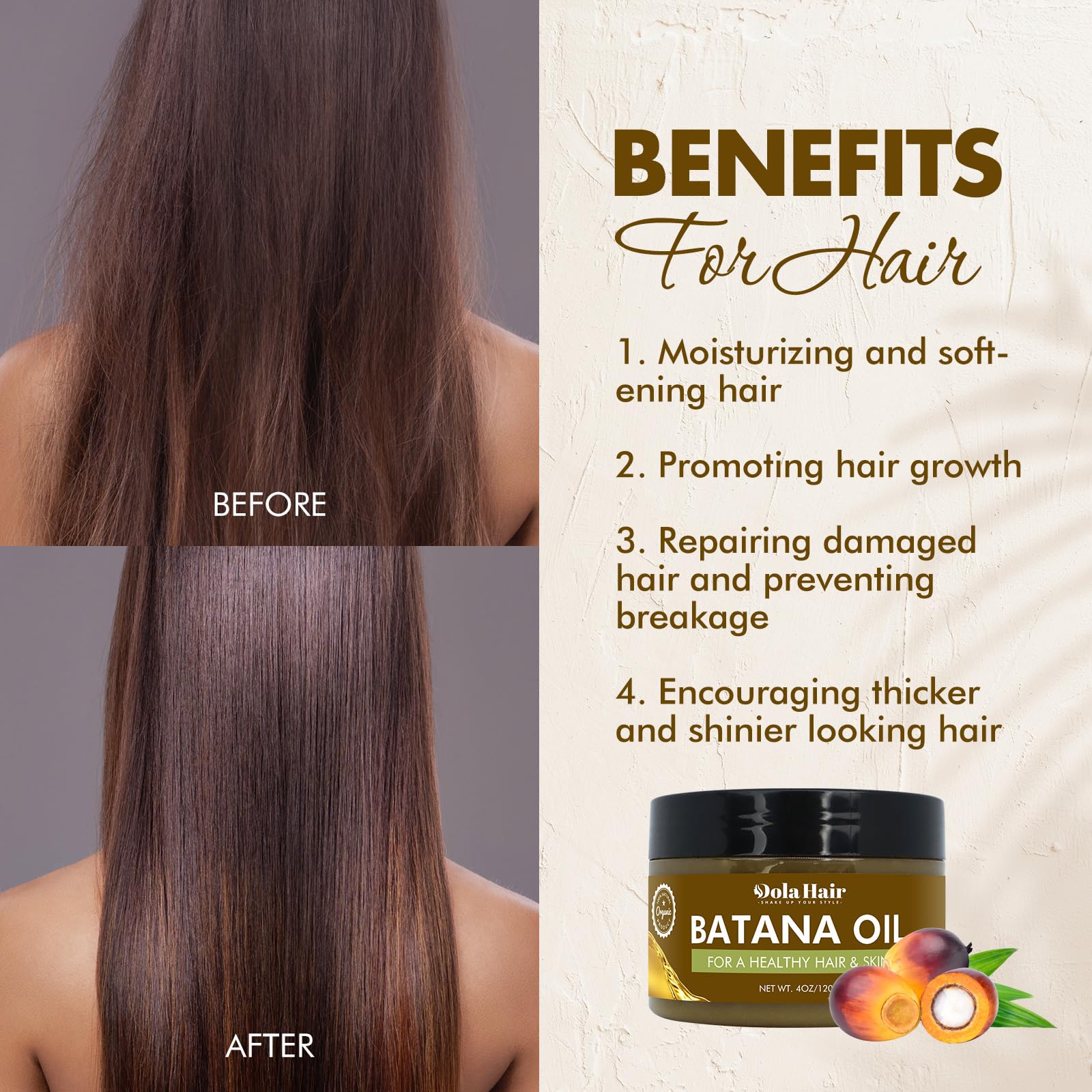 Dolahair Batana Oil ingredients highlighting fatty acids and vitamin E