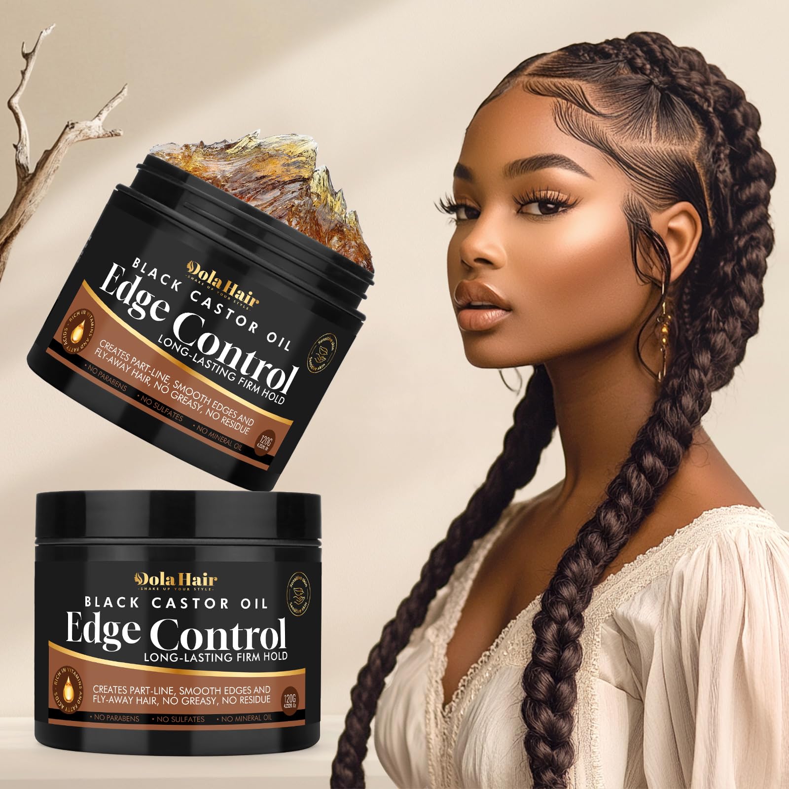 Dolahair Edge Control jar back view highlighting clean, alcohol-free formula.