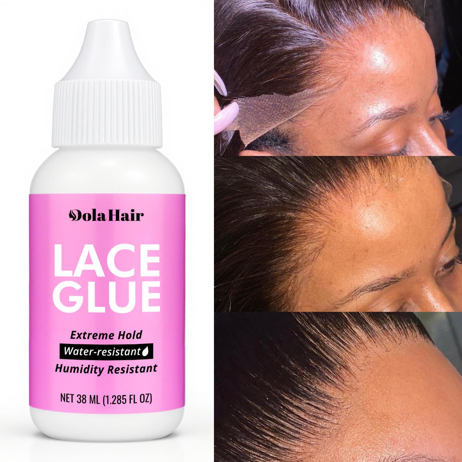 Dolahair lace glue packaging showing latex-free, water-based formula for sensitive scalps.