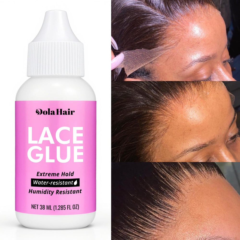 Dolahair lace glue packaging showing latex-free, water-based formula for sensitive scalps.