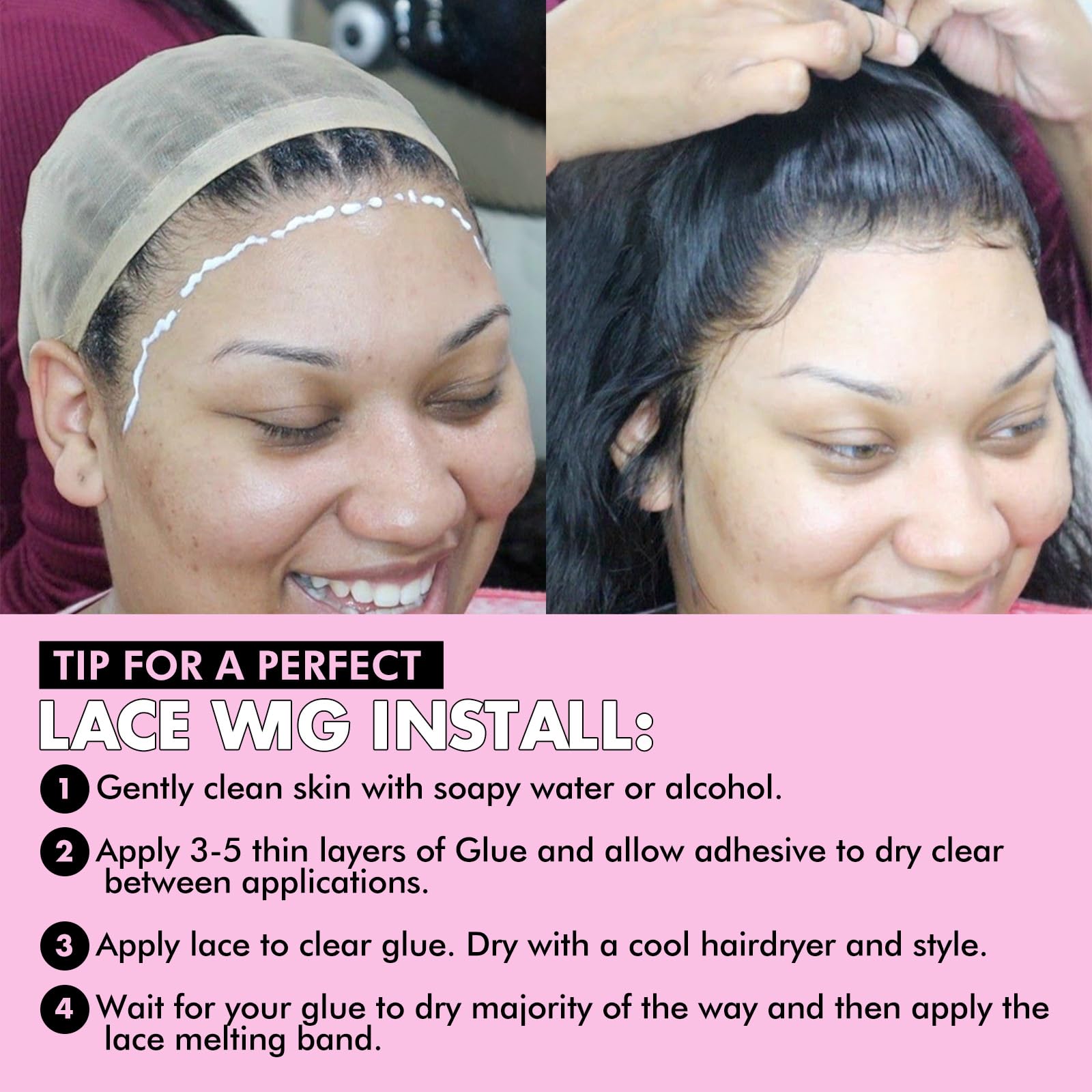 Dolahair lace wig glue application steps show thin layers and quick drying