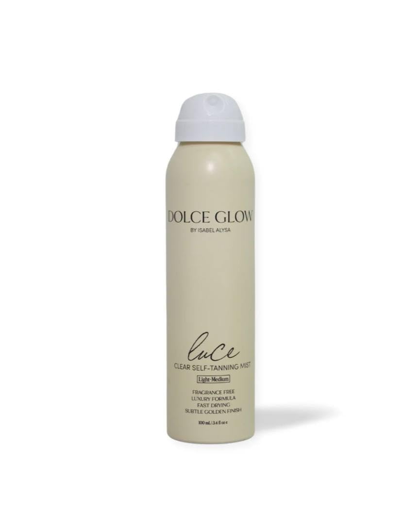 Dolce Glow Luce Clear Self-Tanning Mist Mini bottle front-view delivering a gradual bronze glow