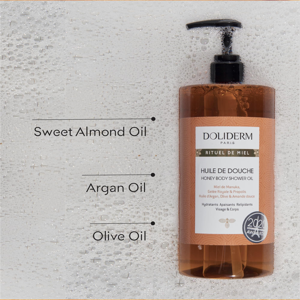 Doliderm Paris Argon, sweet almond, and olive oils blend shown on skin for nourishment.