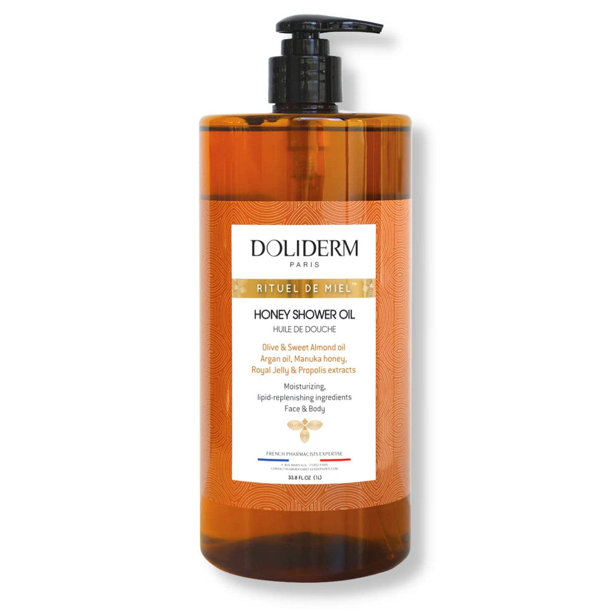 Doliderm Paris Honey Shower Oil bottle delivering hydration during shower.