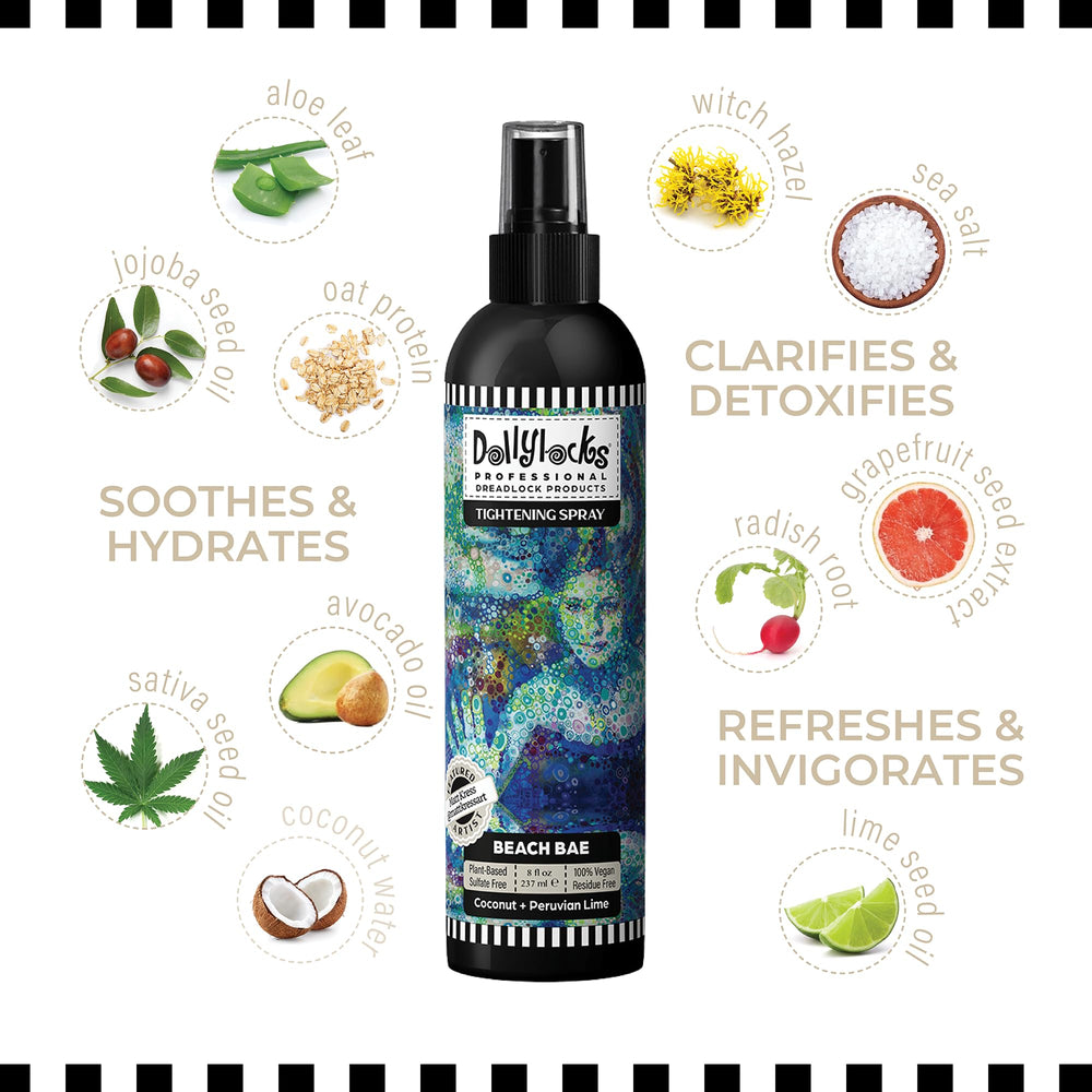Dollylocks bottle shows aloe vera and witch hazel ingredients for scalp soothing and balanced hydration.