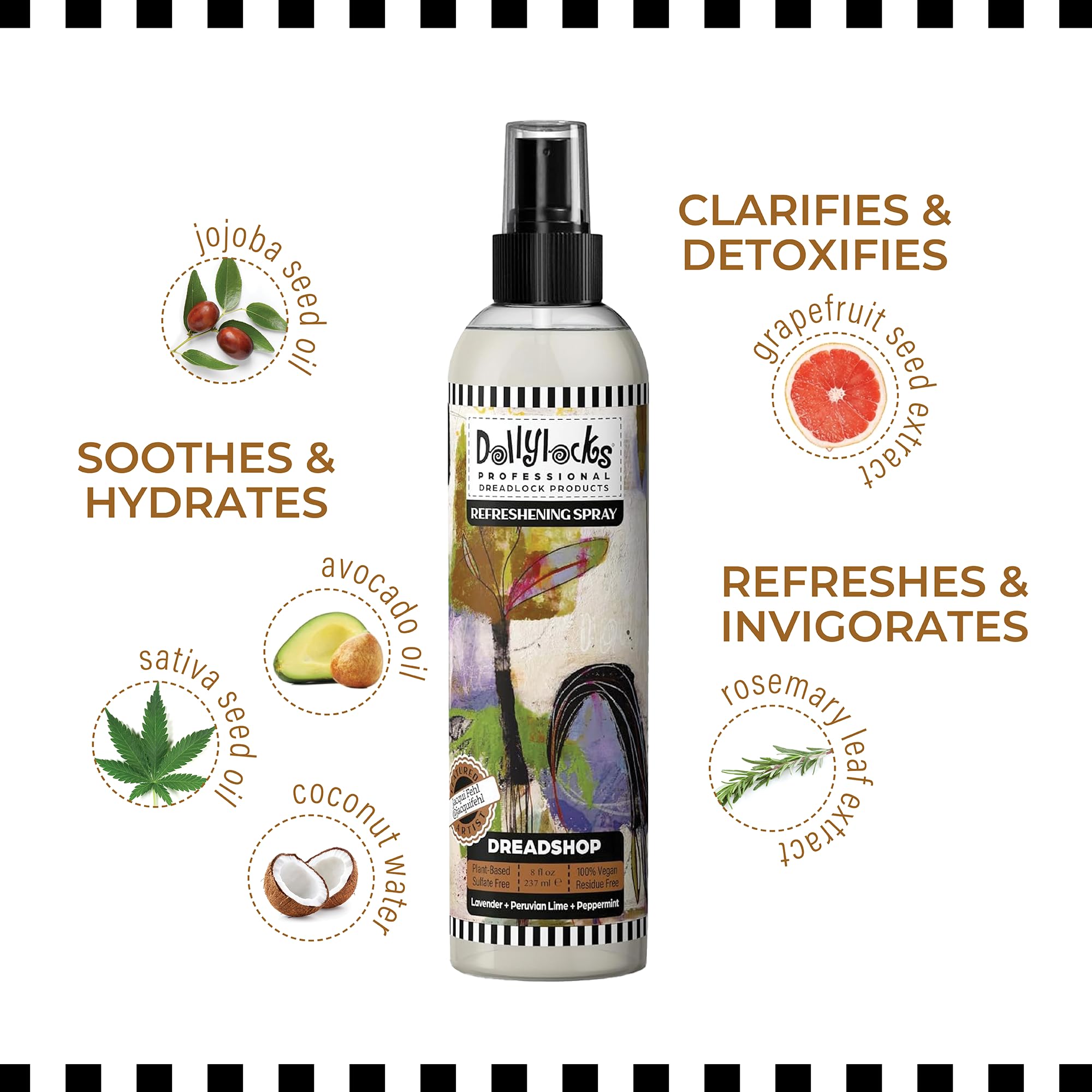 Dollylocks hair care collection display featuring a versatile spray for textured hair.