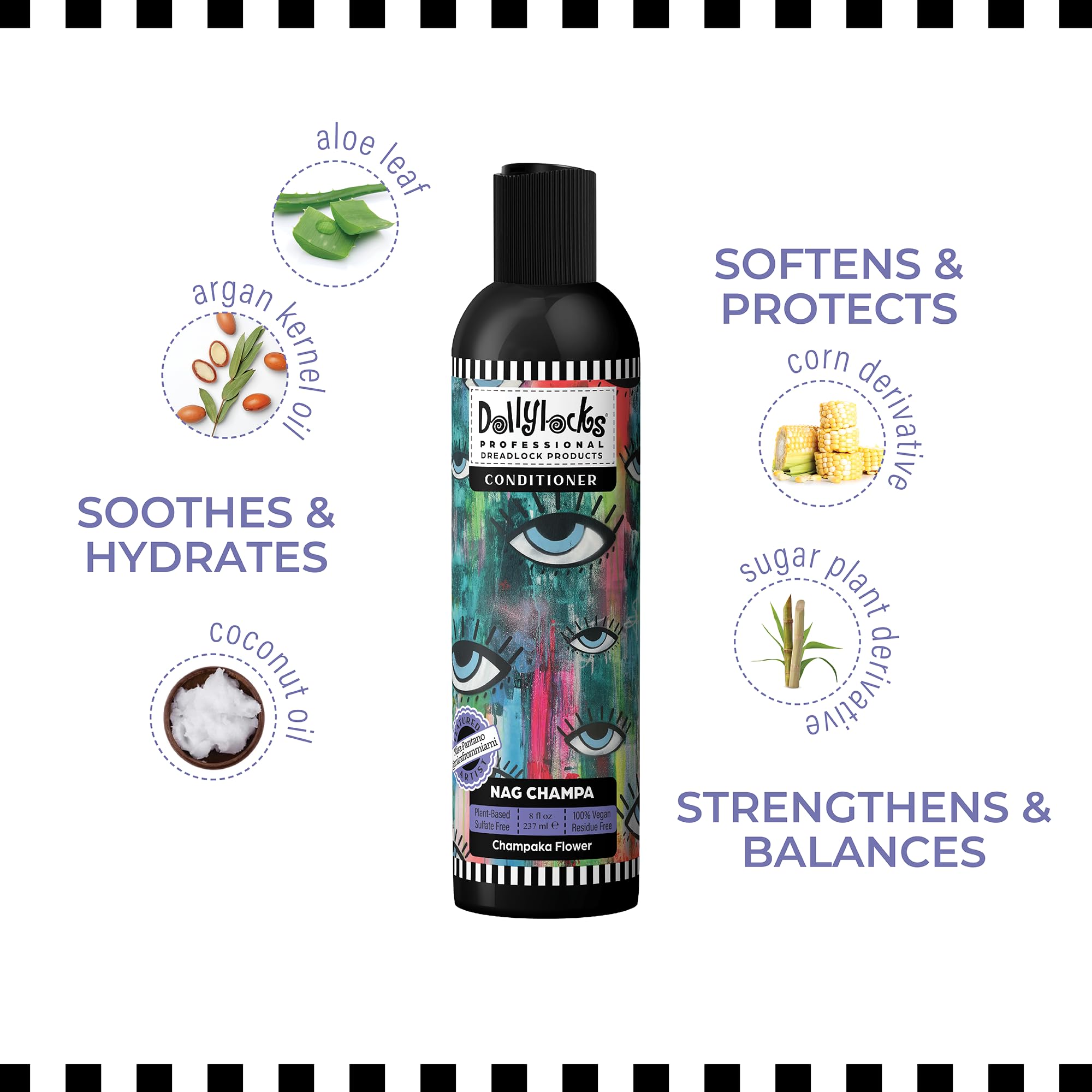 Dollylocks Nag Champa scent label suggests calming wash.