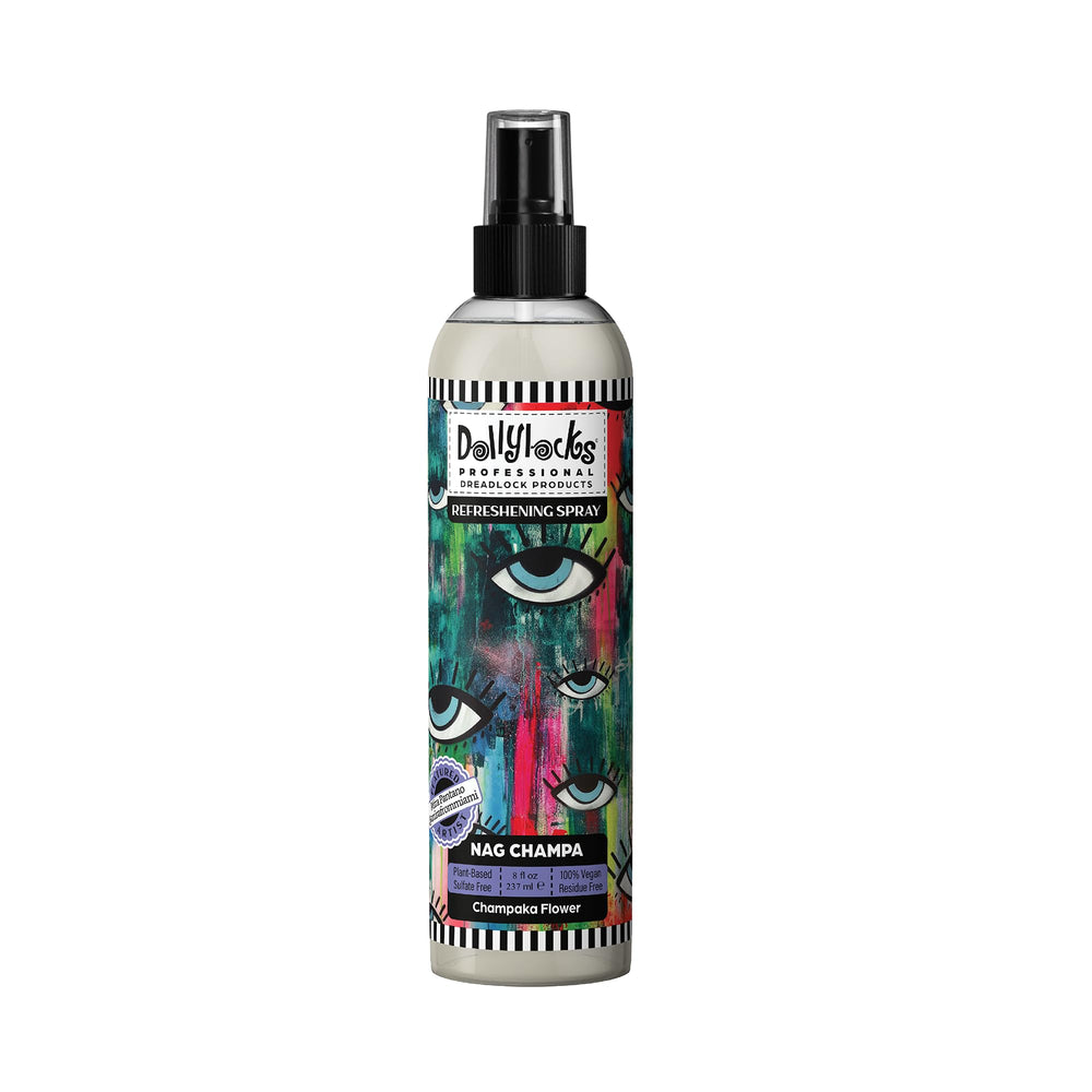 Dollylocks Refreshening Spray bottle refreshes locs with Nag Champa scent, lightweight and moisturized.