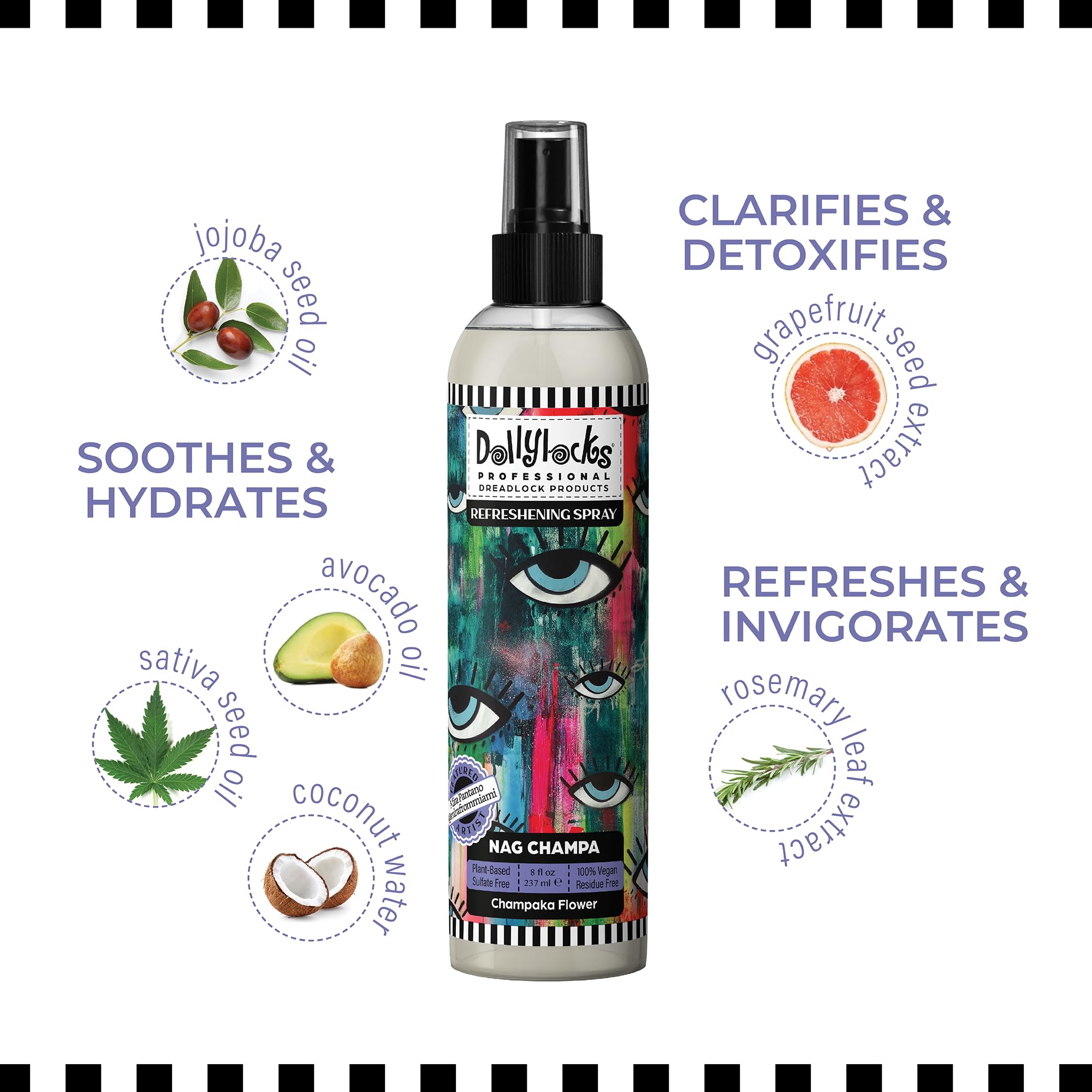 Dollylocks Refreshening Spray Nag Champa scent enhances daily styling routines.