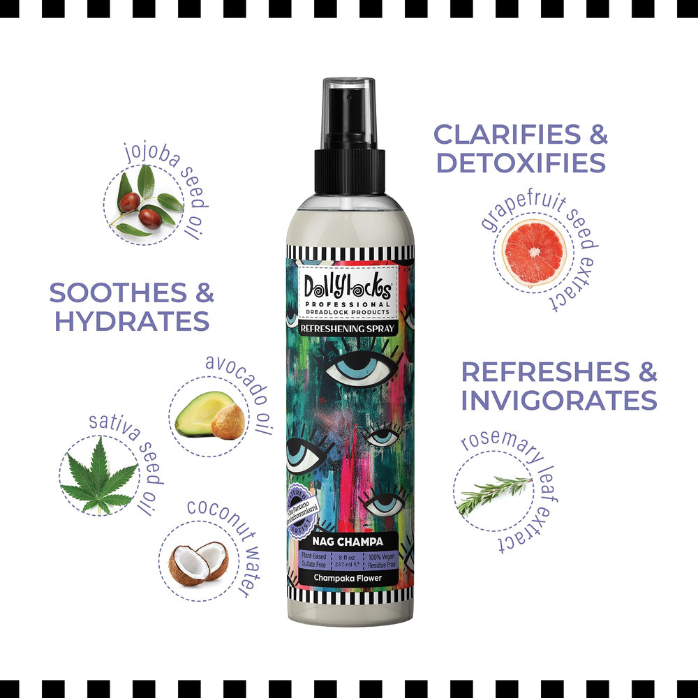 Dollylocks Refreshening Spray Nag Champa scent enhances daily styling routines.