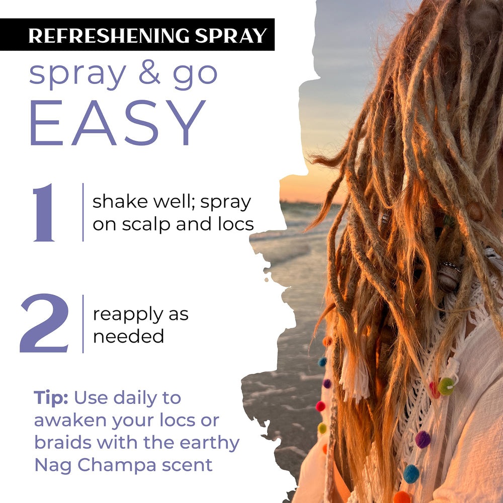 Dollylocks Refreshening Spray on locs keeps styles buoyant without buildup.