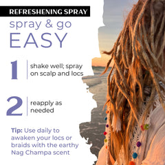 Dollylocks Refreshening Spray on locs keeps styles buoyant without buildup.