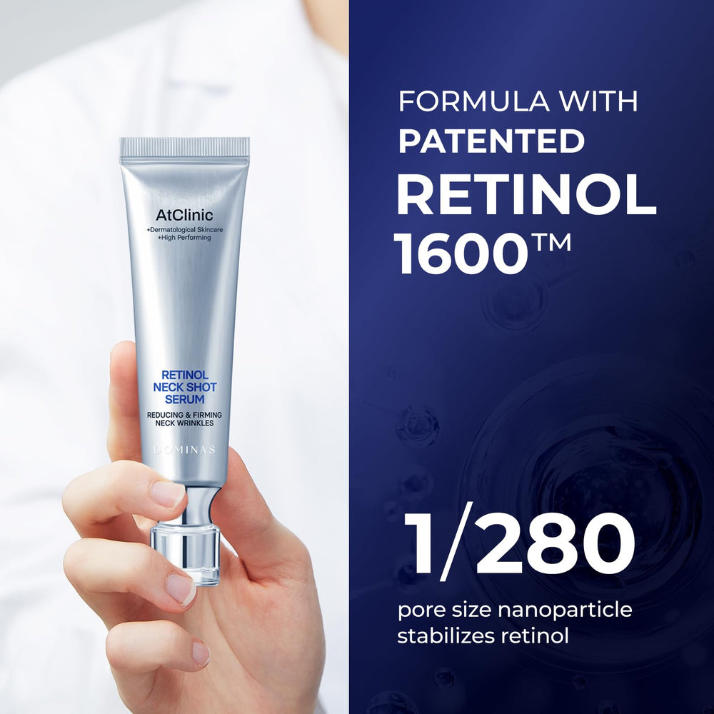 Sleek DOMINAS AtClinic neck shot serum on a vanity with soft lighting.