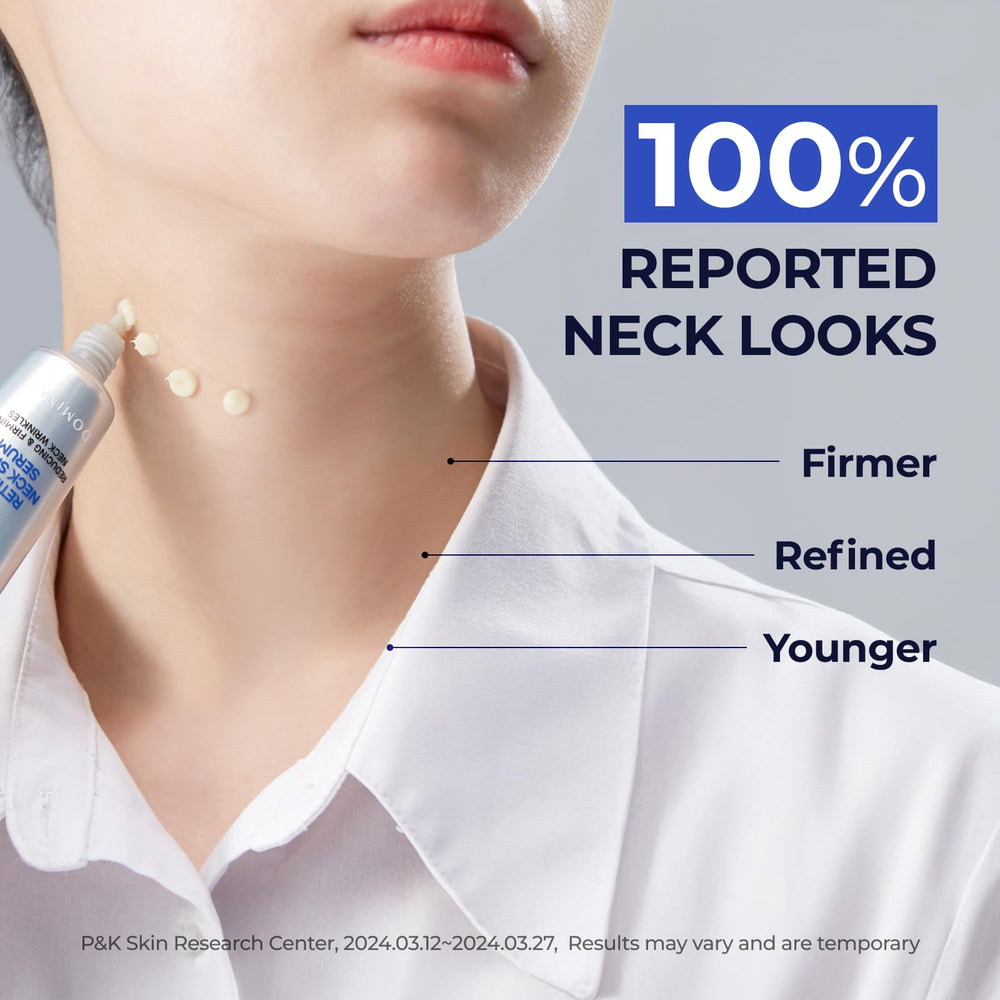 Dispense drop close-up of DOMINAS retinol neck shot serum on neck skin.