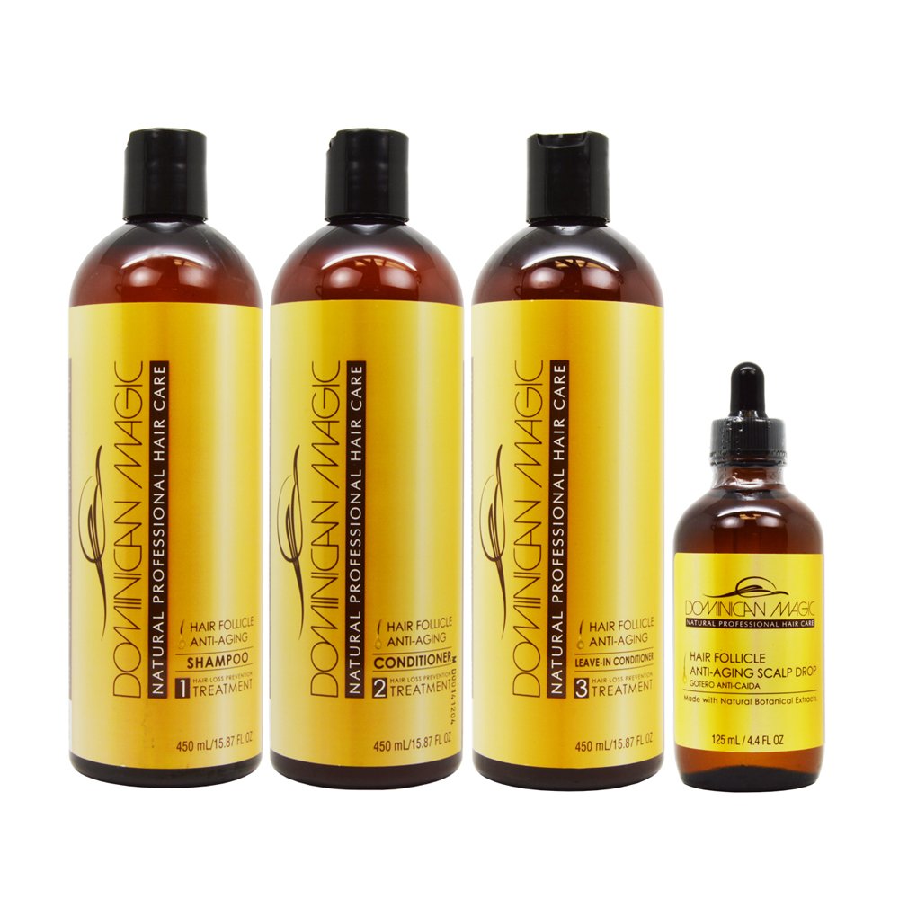 Dominican Magic Anti-Aging Shampoo bottle pour boosts hydration and manageability