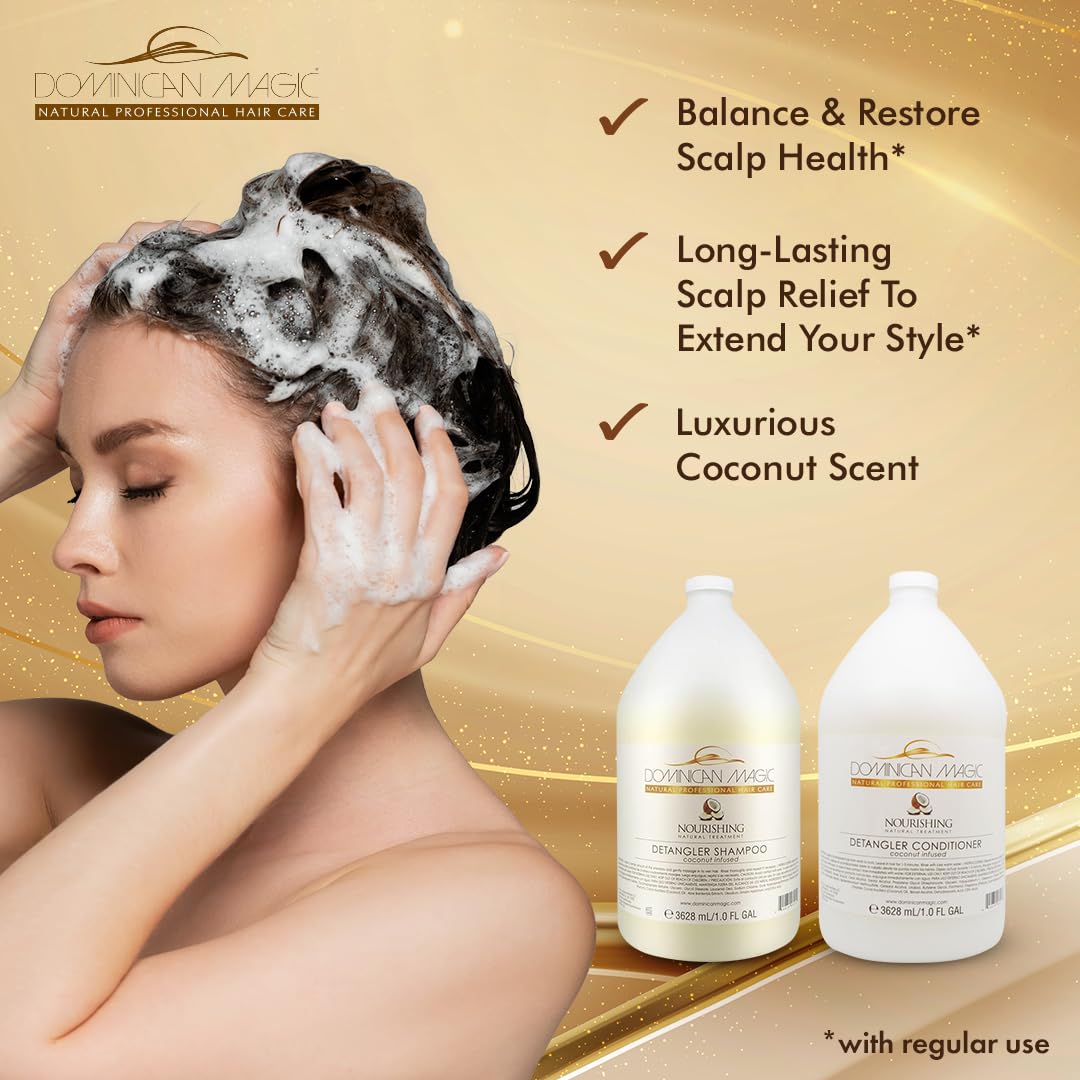 Dominican Magic coconut detangler conditioner bottle demonstrates smoothing and frizz control benefits.