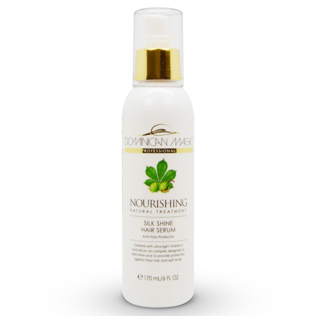 Dominican Magic Nourishing Hair Serum bottle pour showing frizz control and smoothness