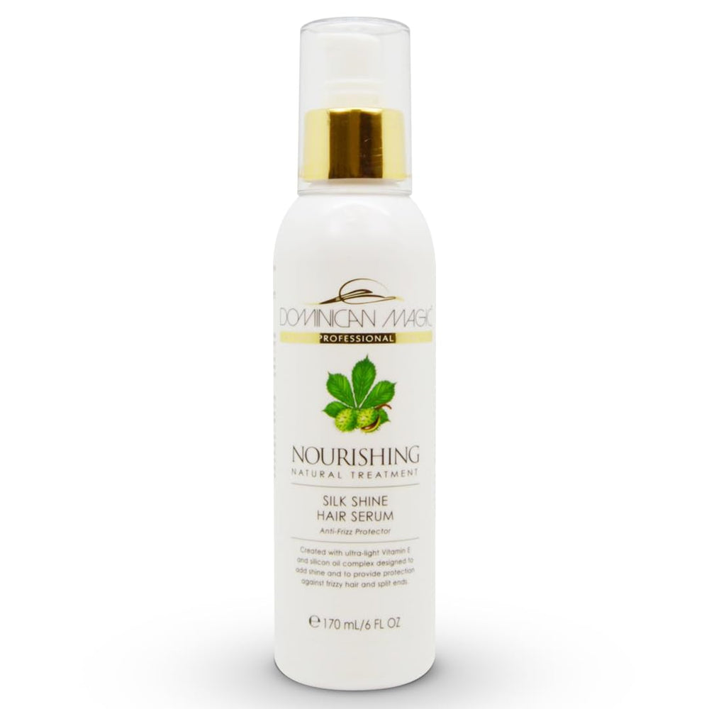 Dominican Magic Nourishing Hair Serum bottle pour showing frizz control and smoothness