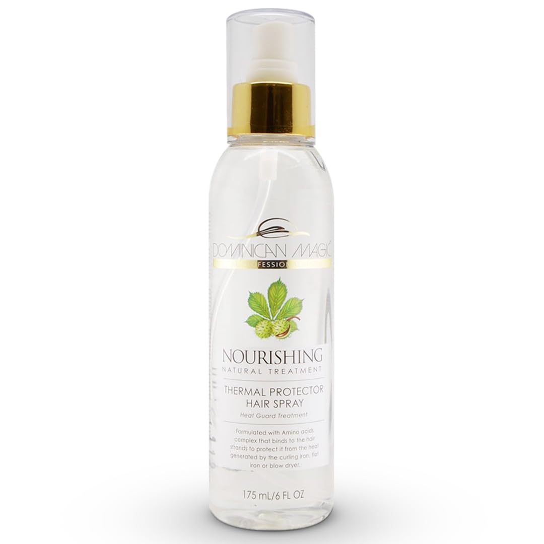 Dominican Magic Thermal Hair Spray bottle demonstrates heat protection for all hair types.