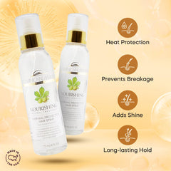 Dominican Magic Thermal Hair Spray applied to damp hair with a comb for uniform protection.