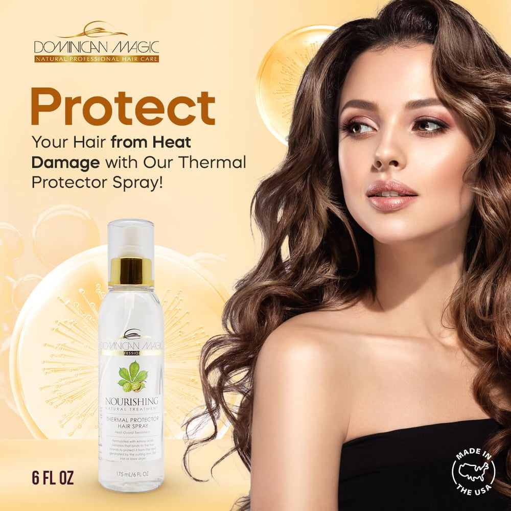 Close-up of the mist from Dominican Magic Thermal Hair Spray for even coverage before heat styling.