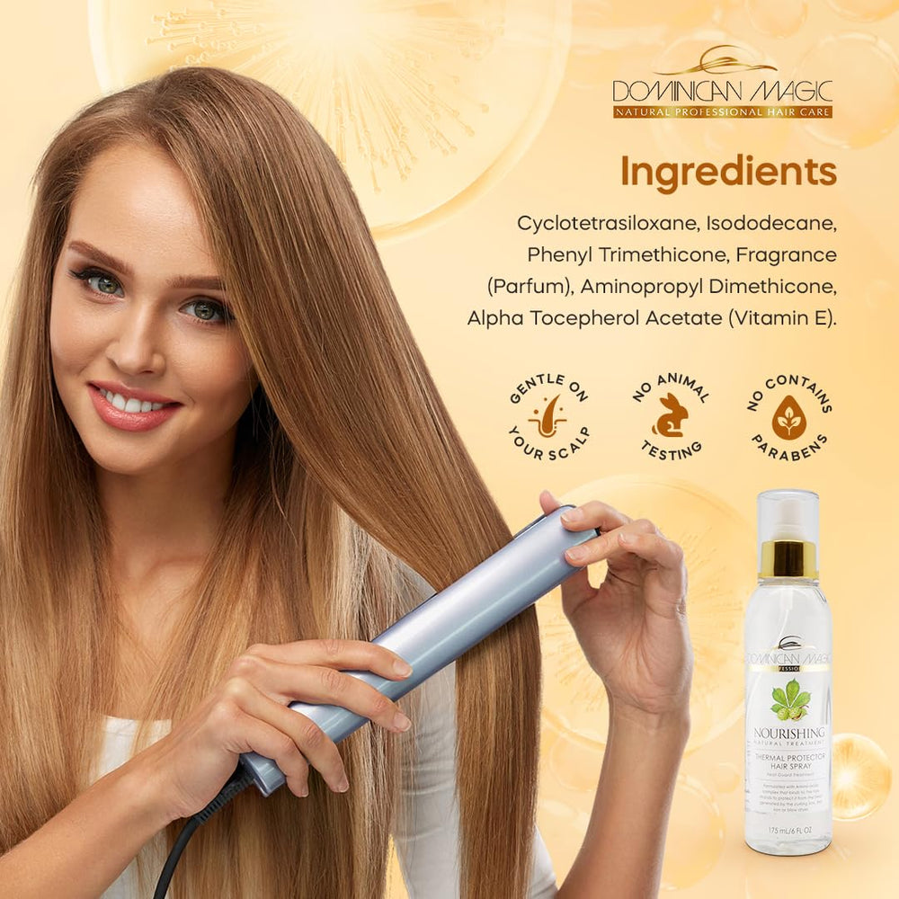 Dominican Magic Thermal Hair Spray 6-ounce bottle delivering a lightweight feel during application.
