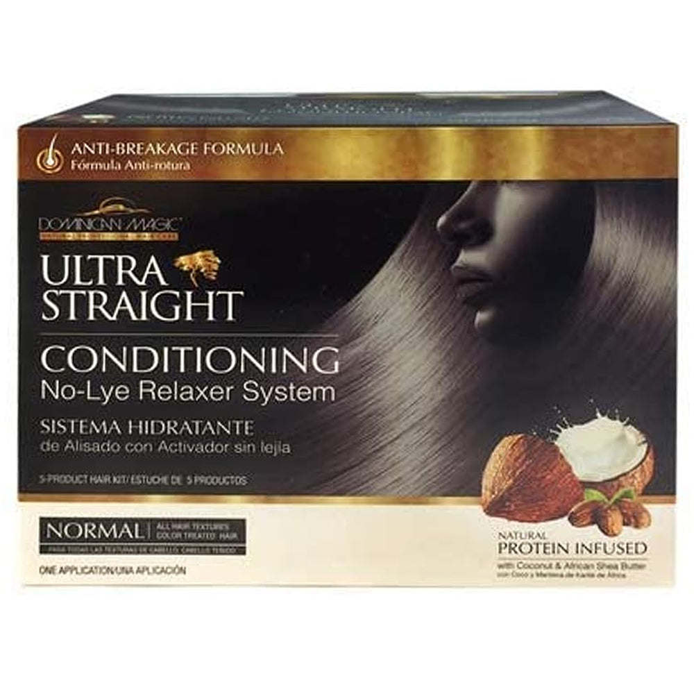 Dominican Magic Ultra Straight No-Lye bottle pour for gentle application and smooth results.