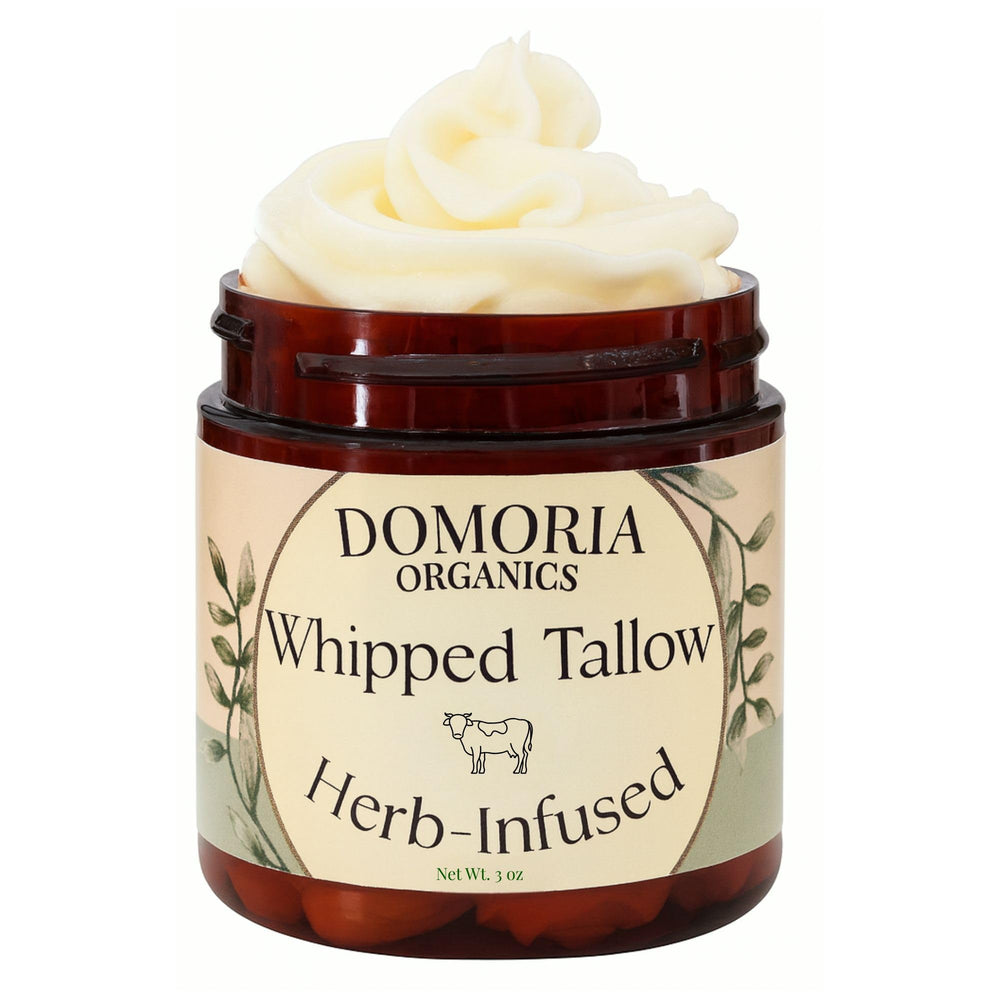 Domoria Organics tallow balm jar close-up showing texture for nourished skin