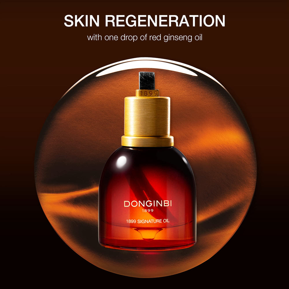 Donginbi 1899 Signature Oil wooden box packaging evokes luxury skincare.