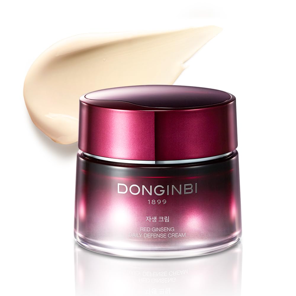 Donginbi Red Ginseng Daily Defense Cream bottle showing firming and hydration benefits