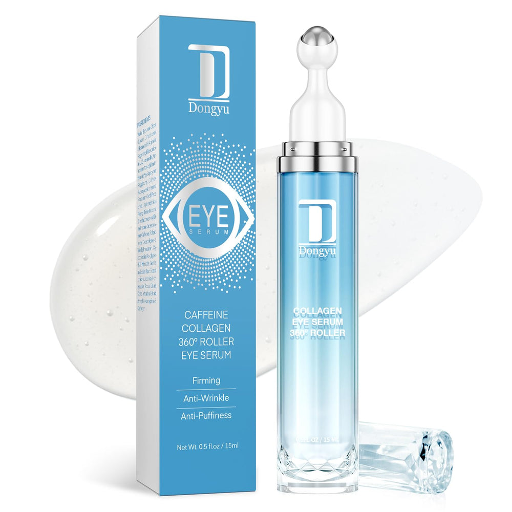 Dongyu caffeine under-eye cream bottle showing depuffing action for refreshed look