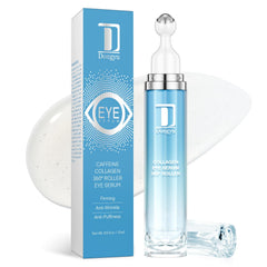 Dongyu caffeine under-eye cream bottle showing depuffing action for refreshed look