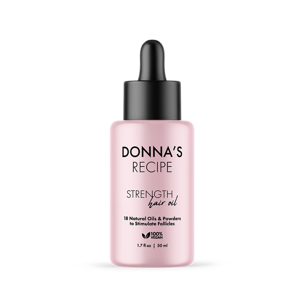 Donna's Recipe Strength Hair Oil bottle shows lightweight hydration for glossy strands.
