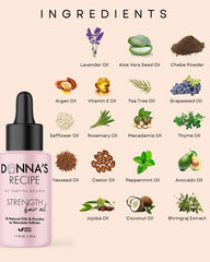 Donna's Recipe Strength Hair Oil texture drop illustrates quick-absorbing hydration on hair.