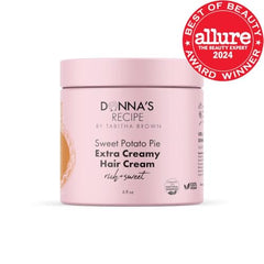 Donna's Recipe Tabitha Brown hair cream texture close-up showing creamy, non-greasy finish