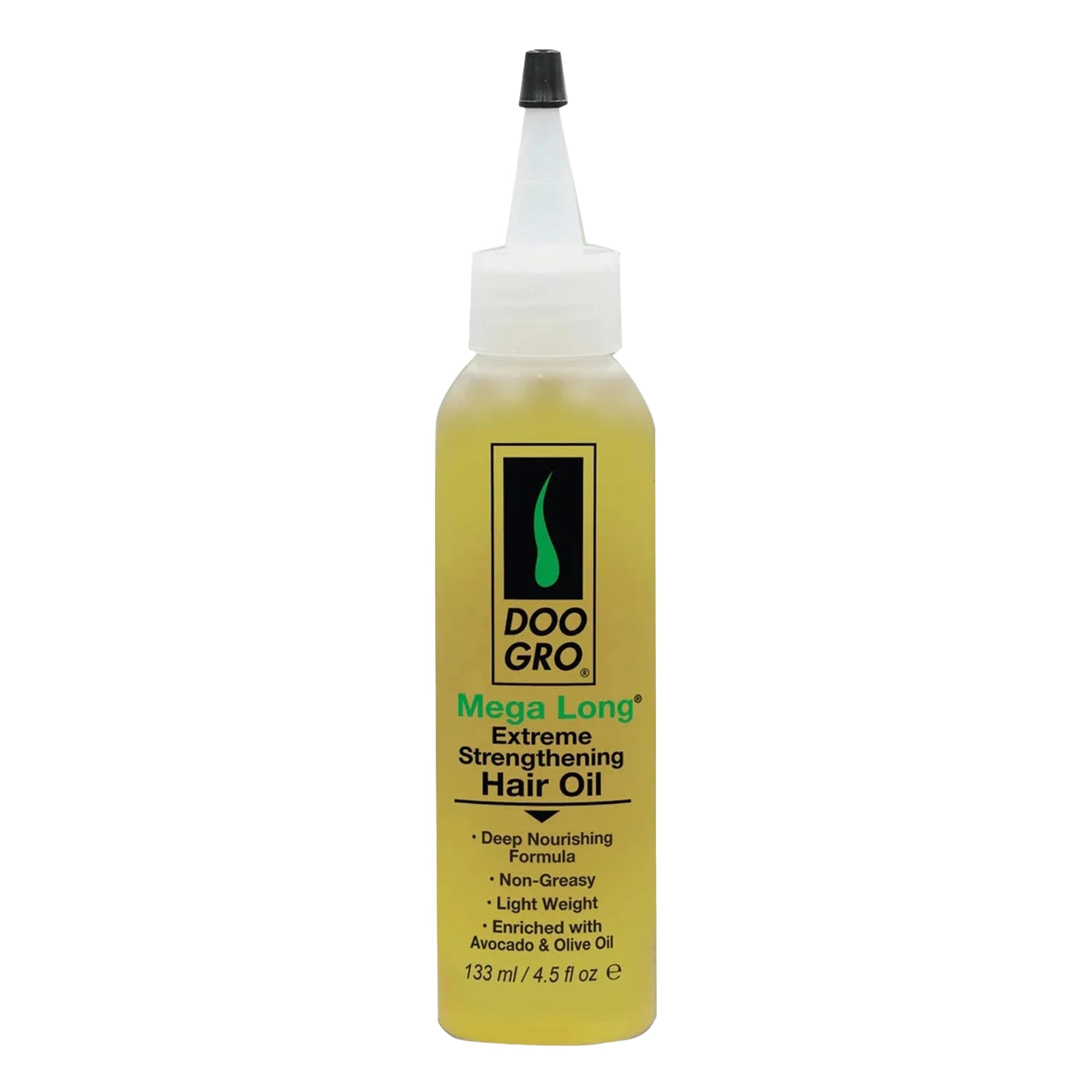 Doo Gro Mega Long Oil bottle pour demonstrates lightweight, non-greasy conditioning.