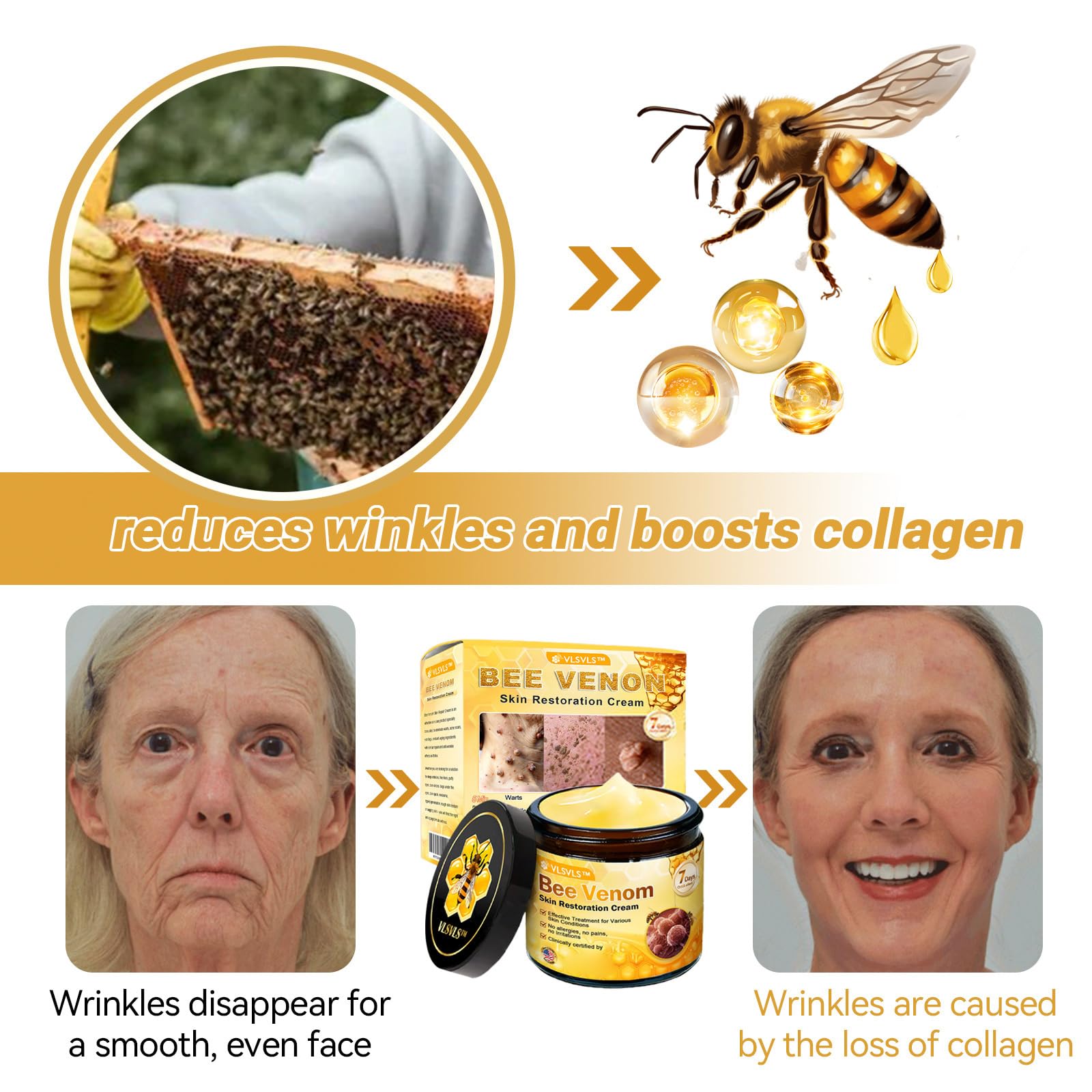 Dooeka VLSVLS Bee Venom application routine showing massage into skin.