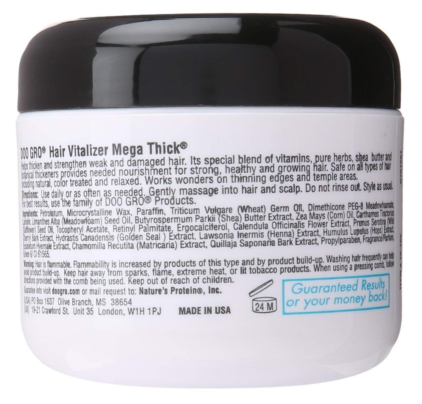 Doo Gro medicated hair vitalizer mega thick label closeup highlights scalp support.