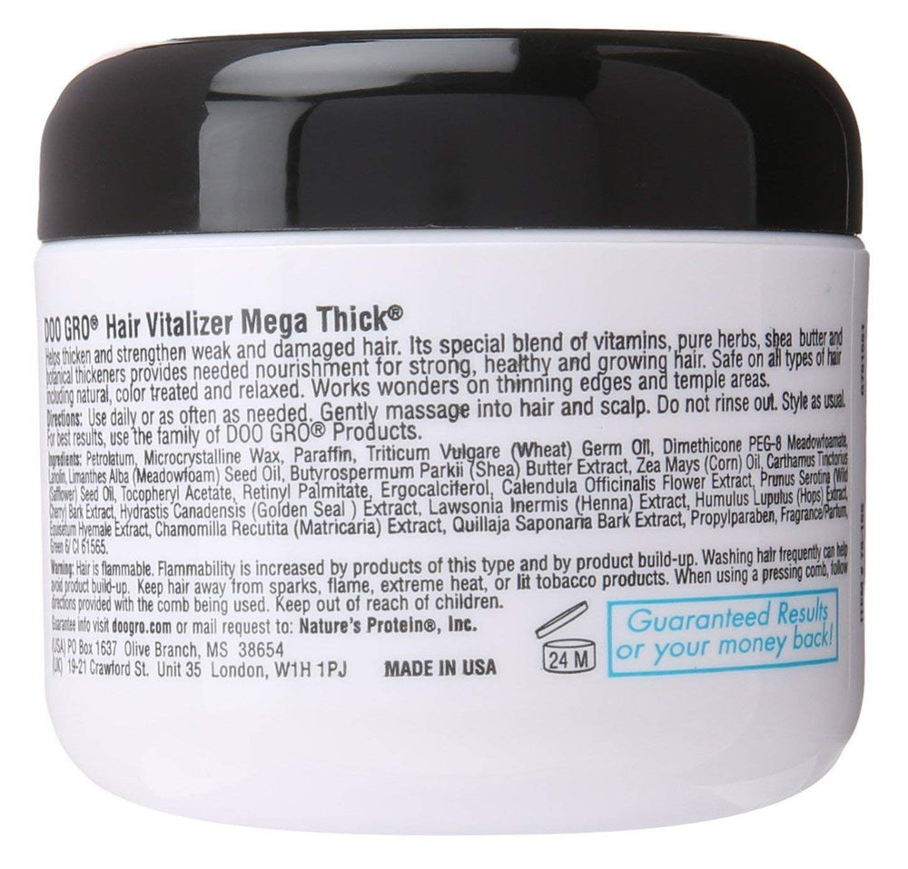 Doo Gro medicated hair vitalizer mega thick label closeup highlights scalp support.