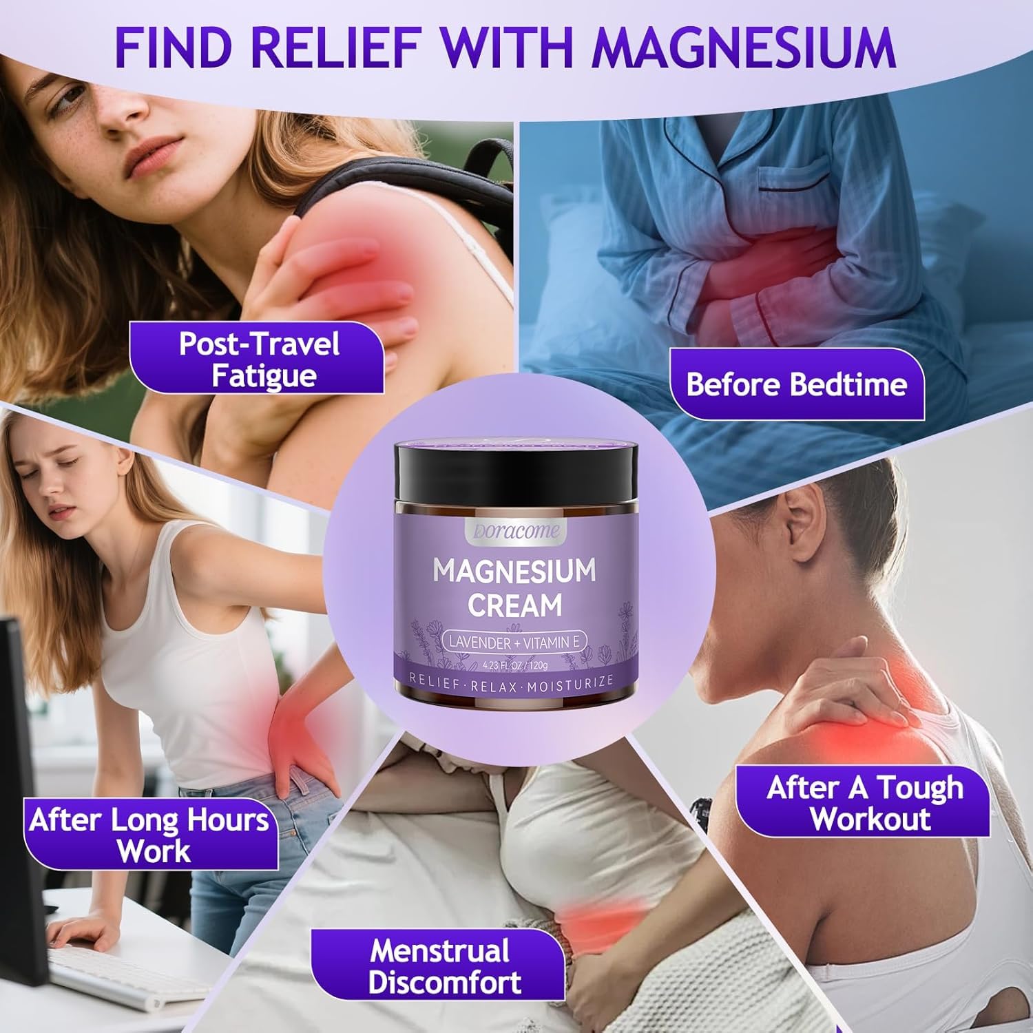 Doracome Magnesium Lotion shown during travel at a desk for skin hydration