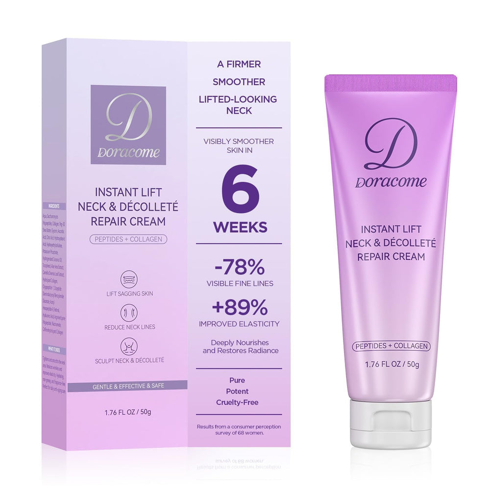 Doracome Retinol Neck Firming Cream bottle—promising firmer-looking skin and premium anti-aging care.