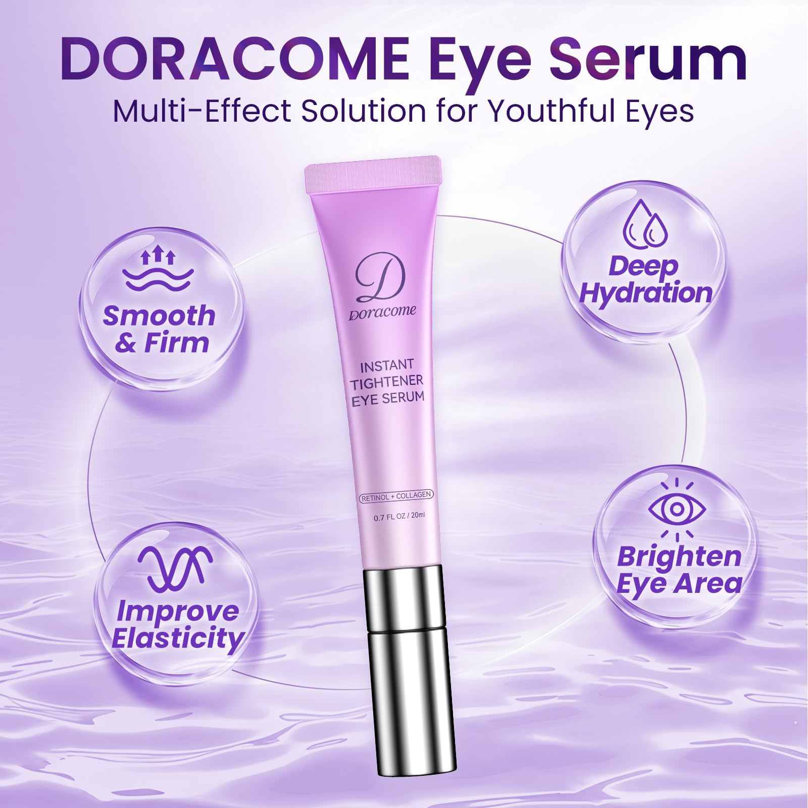 Doracome under-eye serum texture close-up showing lightweight, skin-friendly feel.